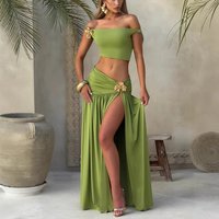 Sexy Off Shoulder Crop Top & High Waist Pleated Skirt Set Detail – Beach Holiday Two Piece Outfit 