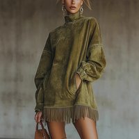 Retro Suede Fringe Dress With High Neck & Pockets - Oversized Boho Long Sleeve Dress In Vintage Colors, Soft & Flowy Suede Fabric, Plus Size Inclusive