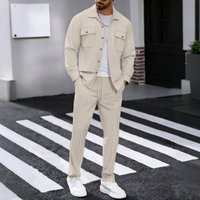 European American Autumn Waffle Long Sleeved Trousers Two Piece Suit Solid Double Pocket Workwear Cardigan Shirt Suit