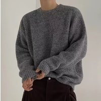 Men's Soft Knit Sweater - Retro Solid Color Pullover With Cozy Fleece Lining, Comfortable Loose Fit Crewneck For Casual Winter Wear