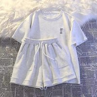 Women's Summer Casual Embroidered Short Sleeve & Shorts Set - Loose Fit Comfortable Sporty Outfit In Grey, Green, Pink & Black