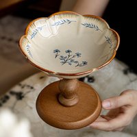 Handcrafted Wooden Pedestal Fruit Bowl – Elegant Ceramic Snack Tray Carved Detailing Level Serving Dish Fruits & Pastries