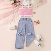 Baby Clothing Girls summer woollen polka dot solid color sleeveless, off-the-shoulder pullover ripped denim trousers two-piece set