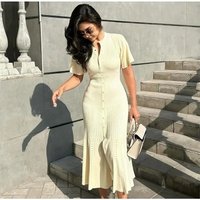 Elegant Button Down Knit Dress Flared Sleeves Breathable Polyester Mid Length Line Dress