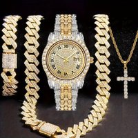 Hip Hop Men’s Watch Set Quartz Calendar Alloy Bracelet & 2 Necklaces Diamond Watch