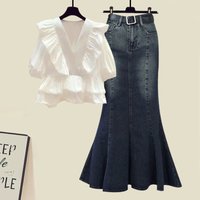 Women’s Clothing Pure desire style summer suit for women new style high end temperament ruffled shirt denim fishtail skirt two piece suit