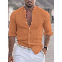 Men's Clothing 2025 New Solid Color Linen Stand Collar Cardigan Long Sleeve Loose Men's Shirt