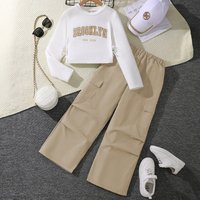 Two Piece Set Spring Style Clothing Versatile Letter Long Sleeved Sweatshirt Style Cargo Pants Middle Large