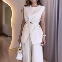 Summer Sleeveless Belted High Waist Wide Leg Pants Set – Office Chic & Casual Elegance Polyester Stretchy Fabric Black White