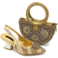 Shoe Bag Set Combination Wrist Woven Moon Bag + Women's Pointed Sandal Crystal Buckle