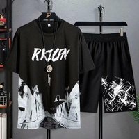 Men's Clothing short sleeved T shirt suit men's trendy personality casual ins trendy brand half sleeved ice silk T shirt two piece suit men