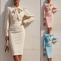 Elegant Bow-Tie Waist Belt Midi Dress For Women - Solid Color Office & Casual Wear (S-XXL)