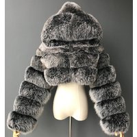 Faux Fox Fur Coat Hooded Faux Fur Jacket Short Winter Thick Long Sleeve Top Stitched Outerwear