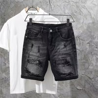 Clothing Slim Fit Denim Shorts Trendy Rhinestone Rips Straight Leg Stretchy Korean Style Cool Edgy