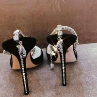 One Line Diamond High Sandals 2022 Summer Autumn Fashion Pointed Sexy Slim Heel Chain Crystal Single Shoes
