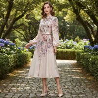 Clothing Retro Long Dress Stand Collar Lantern Sleeve Single Breasted Button Printed Spring Summer Fashion