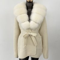  Oversized Knit Cardigan Real Fox Fur Collar – Mid Length Cozy Sweater 