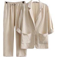 Women's Linen Blazer Set Casual Office Suit With Pockets - Comfortable Loose Fit Jacket & Pants (Black/Yellow/Beige/Light Blue/Green/Pink)