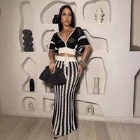 Clothing Source Source Summer Clothing Sexy V Neck Hollow Striped Knitted Long Skirt Set