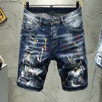 Ink Splash Hole Denim Shorts Trendy Brand Slim Fit Skinny Summer Thin Five Point Mid Length Pants