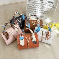 V-Pattern Quilted Square Bag With Scarf & Tassel - Stylish Lock Chain Shoulder Purse | Unique Geometric Print Crossbody Bag