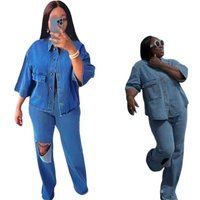 Clothing Autumn Fashion Personality Hole Denim Trousers Shirt Top Two Piece Set Style