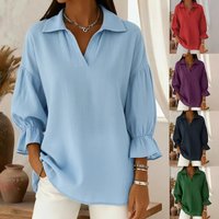 Women's Clothing Solid Color Casual Loose Fit Fashionable Lapel Vintage-Inspired Relaxed V-Neck Top – Long Sleeve Casual Blouse (6 Colors, S-XXXL)
