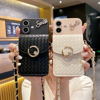 Luxury Woven Pattern Wallet Card Holder Phone Case iPhone 16 11 12 13 14 15 Pro Max Card Bag Crossbody Strap Lanyard Cover