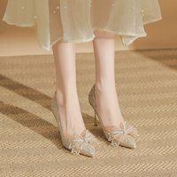 Shoes Wedding Shoes High Heels Stiletto Sequins Fashionable Bow Champagne Single Shoes French Temperament Single Shoes