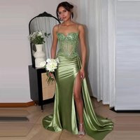 Women's Clothing Elegant Green Strapless Ball Gown With High Slit & Small Train – Formal Evening Dress For Women