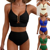 Clothing 2 Piece Swimsuit Hollow Texture Fabric Slim Fit Sexy Ribbed Metal Decoration Swimsuit Set