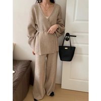 Clothing Cozy Boho Knit Cardigan & Wide Leg Pants Set Oversized Loungewear Two Piece Outfit Oatmeal Black Coffee