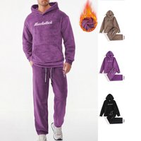 Men's Fleece Loungewear Set – Cozy Coral Fleece Hoodie & Joggers With Embroidery (S-XXL, Black/Purple/Khaki, Ultra-Soft & Warm)