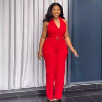 Clothing Halter Neck Backless V Neck Button Down Waist Wide Leg Jumpsuit