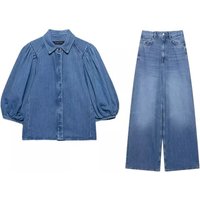 Vintage Washed Denim Set – Short Sleeve Poplin Shirt & Wide Leg Pants