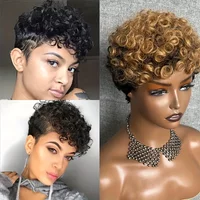 Afro Curly Short Bob Ombre Colored Wig with Bangs, Pixie Cut African Fluffy Human Hair Wigs for Women