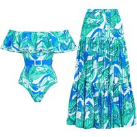 Women's Strapless Swimsuit With Ruffled Detail - Floral Printed One-Piece For Beach Vacation