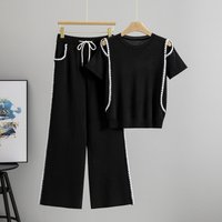 Clothing Summer Off Shoulder Knitted Short Sleeved Tops Fashionable Casual Wide Leg Pants Slimming Sports Two Piece Suits