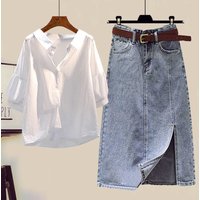 Clothing Plus Spring Suits Style Shirt Tops Slim Denim Skirt Two Piece Suit