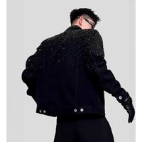 High End Style Denim Jacket Edgy Heavily Rhinestone Embellished Trendy Hairstylist Clothing