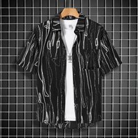 Clothing High Street Shirt Niche Striped Ins Personality Cardigan Loose Lapel Cool Ice Silk Short Sleeved Shirt