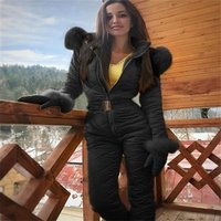 Women's One Piece Fur Hooded Ski Suit Bodysuit, Warm Winter Outdoor Sportswear, Women's Snow Suit.