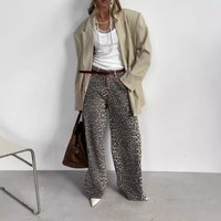 Clothing High Waist Leopard Print Wide Leg Pants Retro Streetwear Cotton Blend Loose Fit Long Trousers