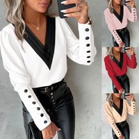Autumn Fashion V-neck Solid Color Long-sleeved Button Women's Shirt