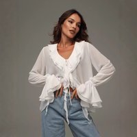 Verve Spring Women's New Fashion Ruffle Long Sleeve V-neck Tie Versatile Shirt Blouse