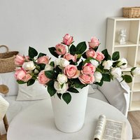 Elegant 3 Headed Silk Flower Bouquet Realistic Faux Roses Home Decor Wedding Table Centerpiece 