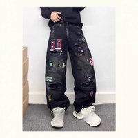 Ruffian Handsome Personality Splashing Ink Graffiti Fake Ripped Jeans Trend Micro chapter Design Wide leg Trousers