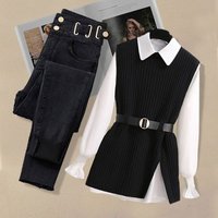 Plus 3 Piece Autumn Set – Knit Vest Flowy Shirt & Slimming Jeans Curvy Figures