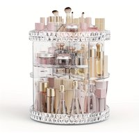 Elegant 360° Rotating Makeup Organizer With Crystal-Like Accents - High-Capacity Cosmetic Storage For Vanity
