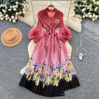 Pleated Floral Print Dress Lantern Sleeves – Issey Miyake Inspired Ruffle Wrap Waist Maxi Dress Fall Elegant Boho Chic